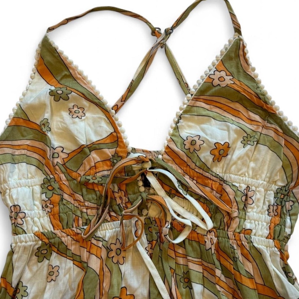 Women’s Retro Print Green & Orange Low Cut Mini Dress Small - Picture 2 of 7